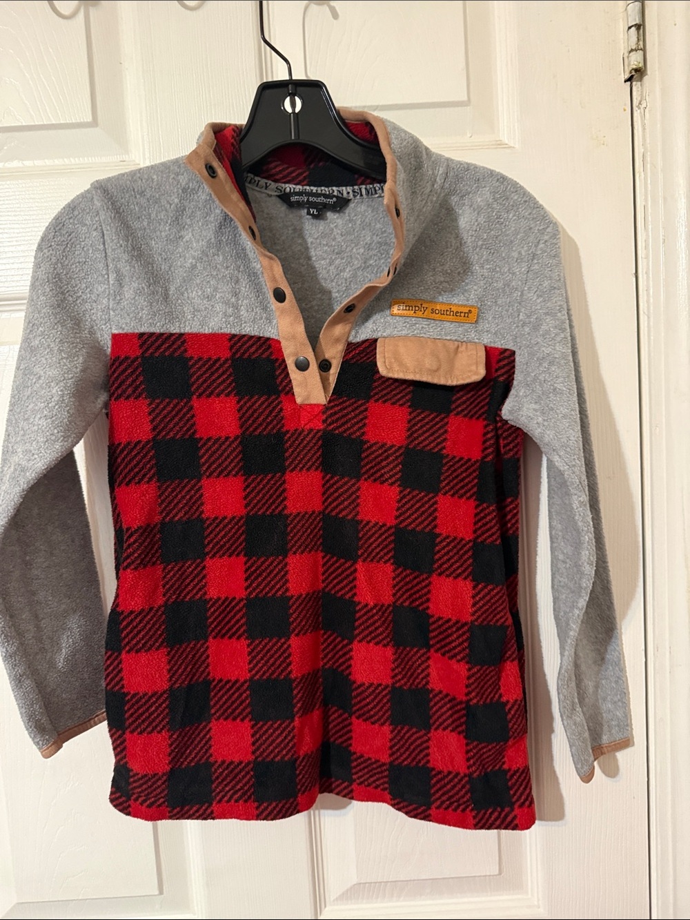 Simply Southern Red & Black Buffalo Plaid Pullover with Gray Sleeves